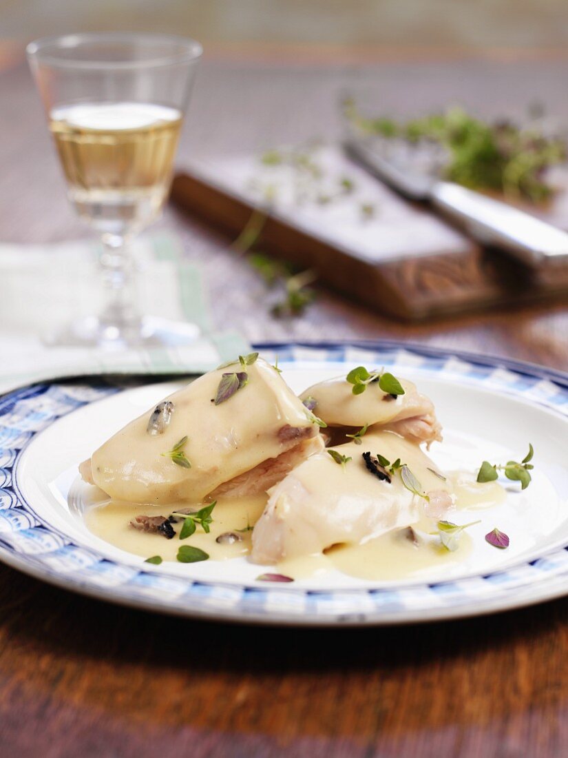 Gekochte Hähnchenbrust mit Sahnesauce und Kräutern