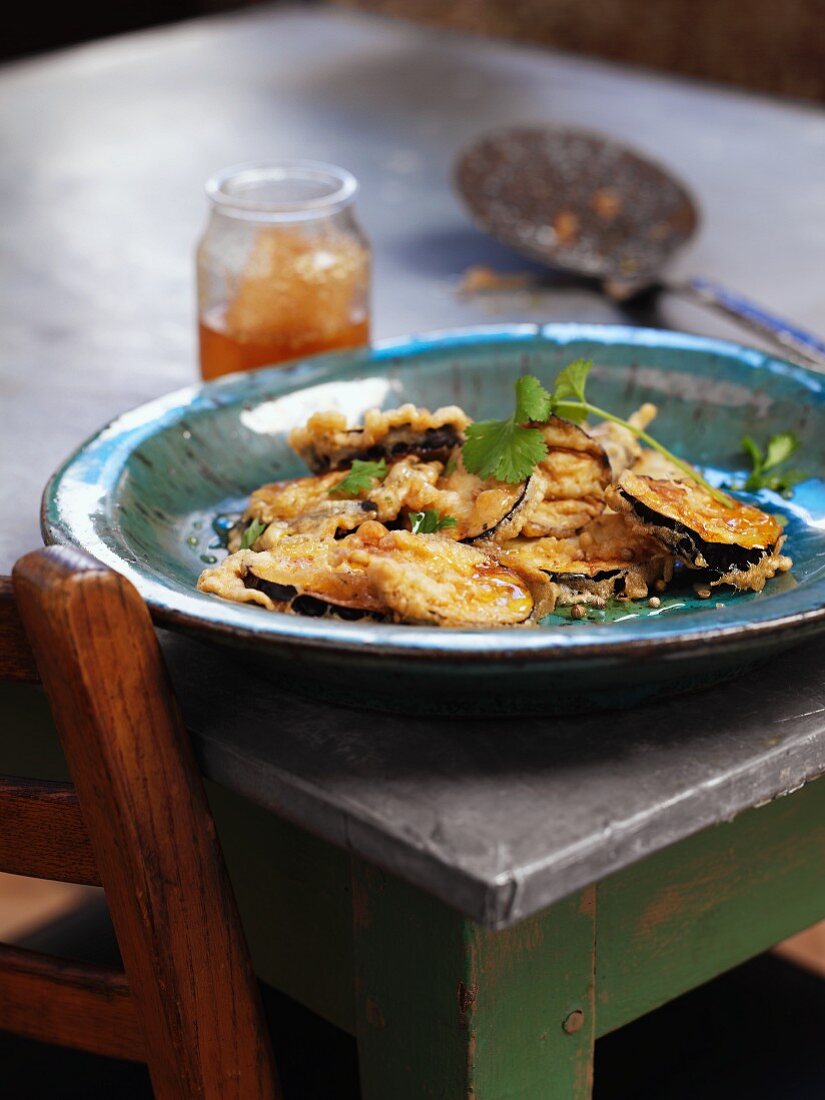 Deep-fried slices of aubergine