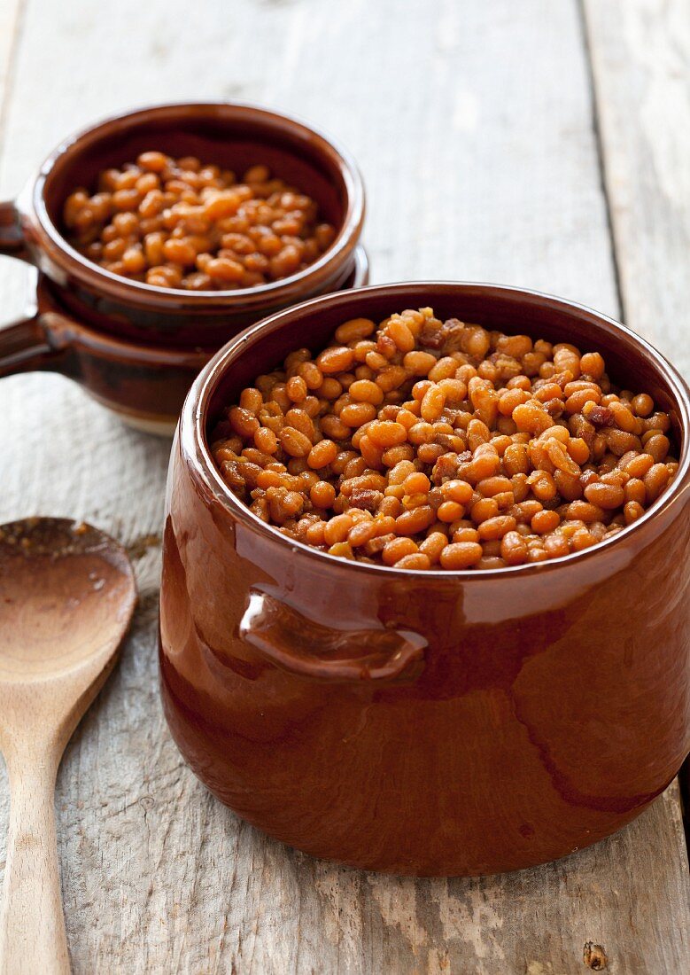 Crock of Baked Beans; Beans in a Serving Bowl