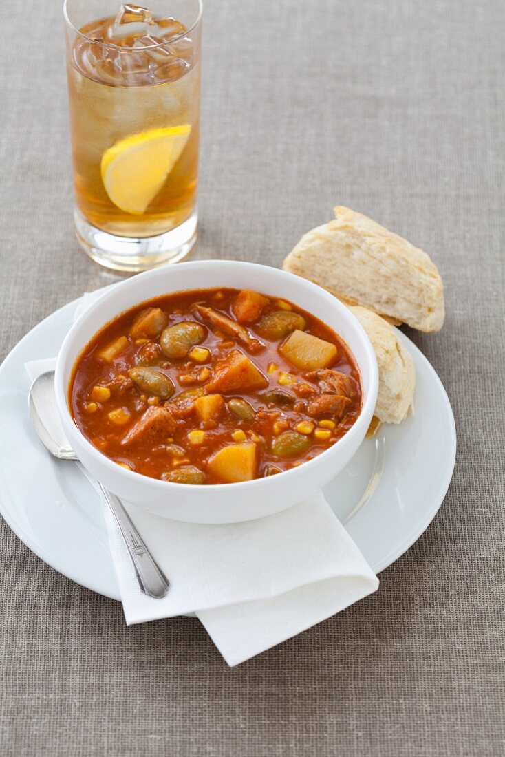 Brunswick Stew in a Bowl; Tomato, Beef and Vegetable Soup; Biscuit