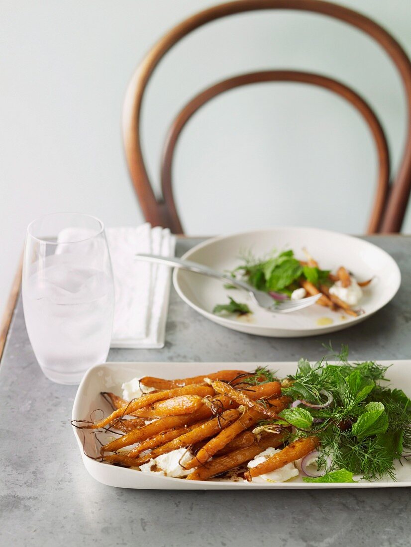 Baby carrots with labneh and herb salad