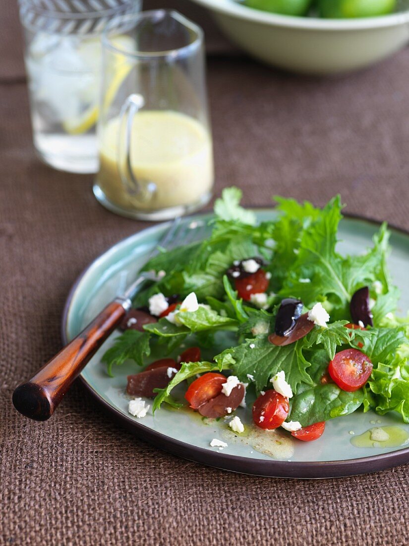Salad with Feta Cheese, Tomatoes and Olives on a Plate with a Fork