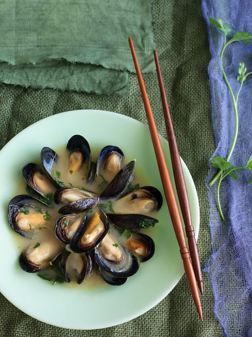 Mussels in Miso Broth with Chopsticks