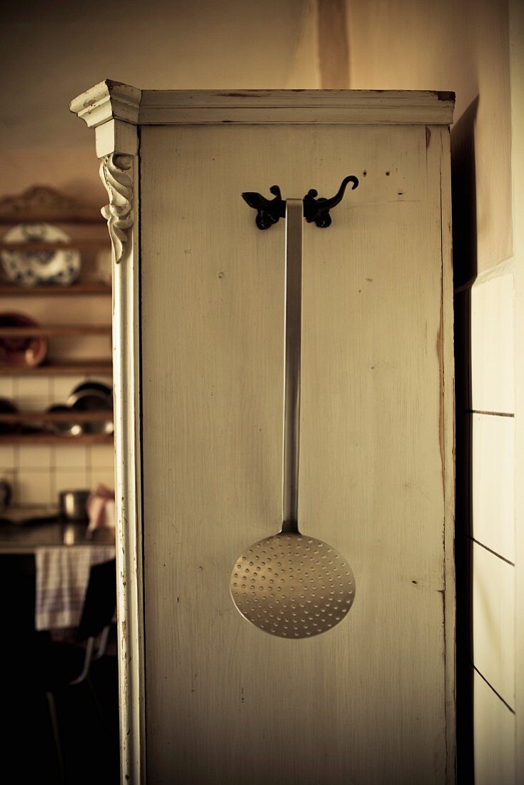 Slotted spoon hanging on lizard-shaped hook