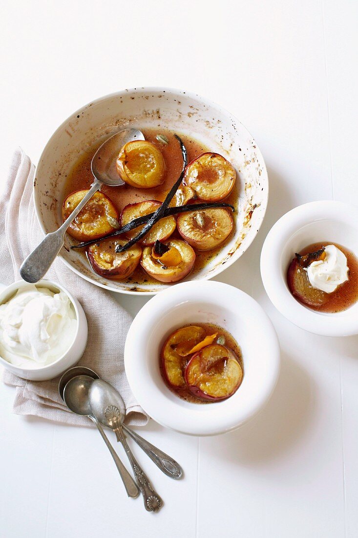 White peaches baked in honey with labneh
