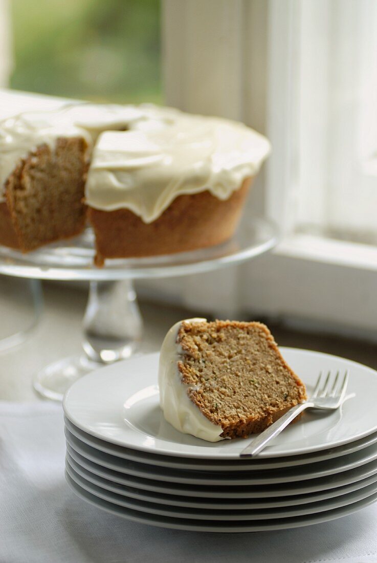 Zucchini cake with cream cheese frosting, sliced