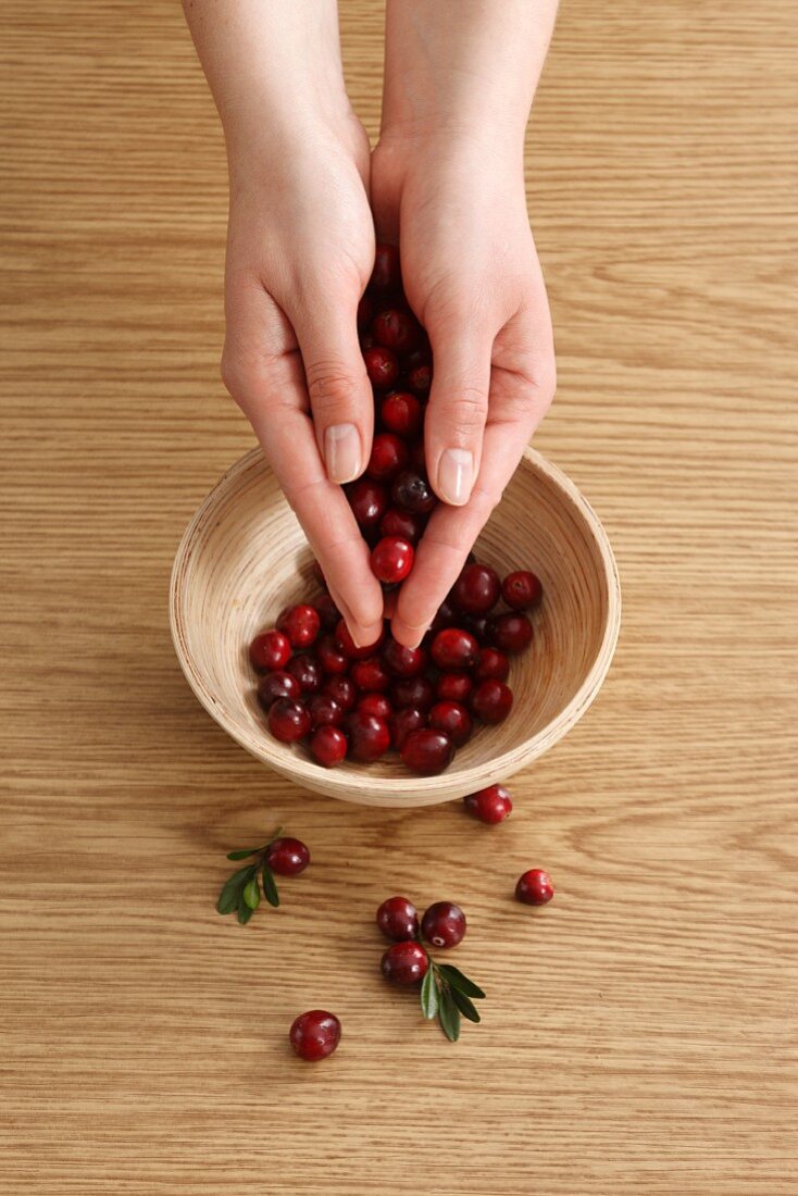 Hands holding cranberries above a dish