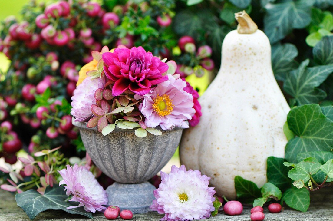 Herbstdeko mit Dahlien, Astern, Hortensien, Kürbis, Efeu und Beeren