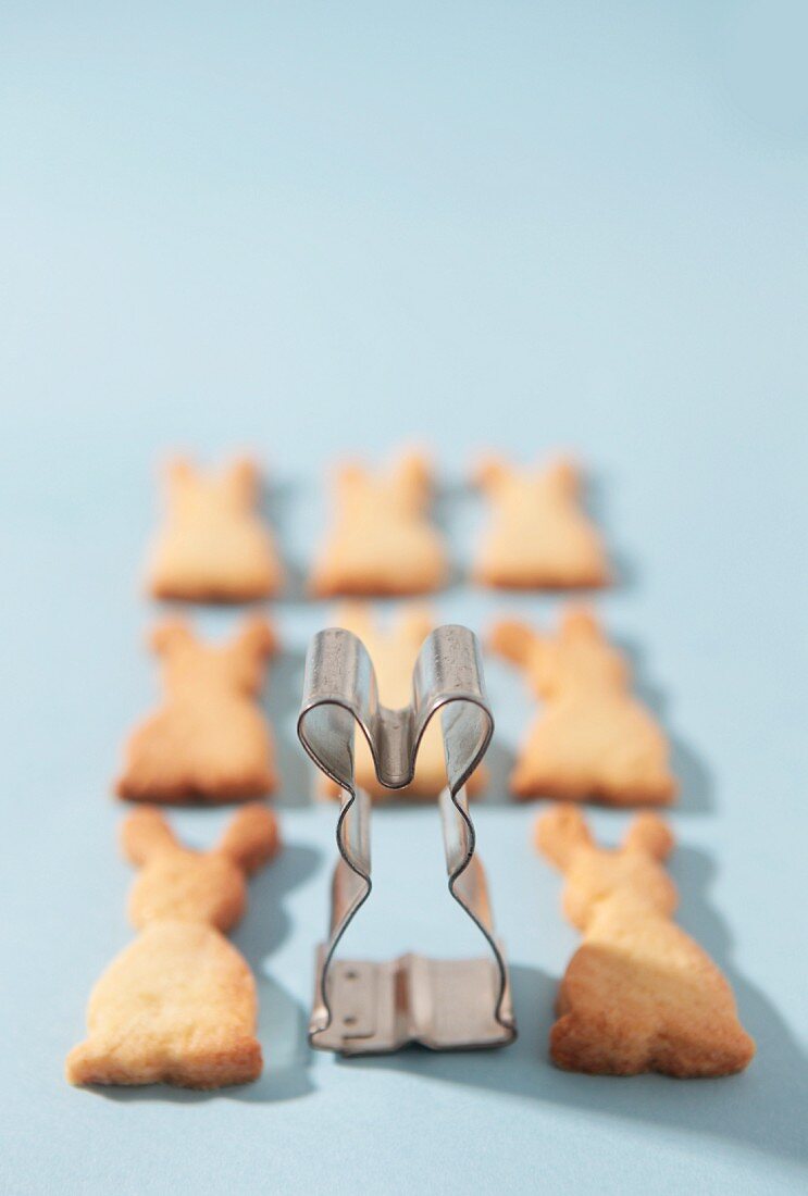 Bunny-shaped cookie cutter and 'bunny' cookies