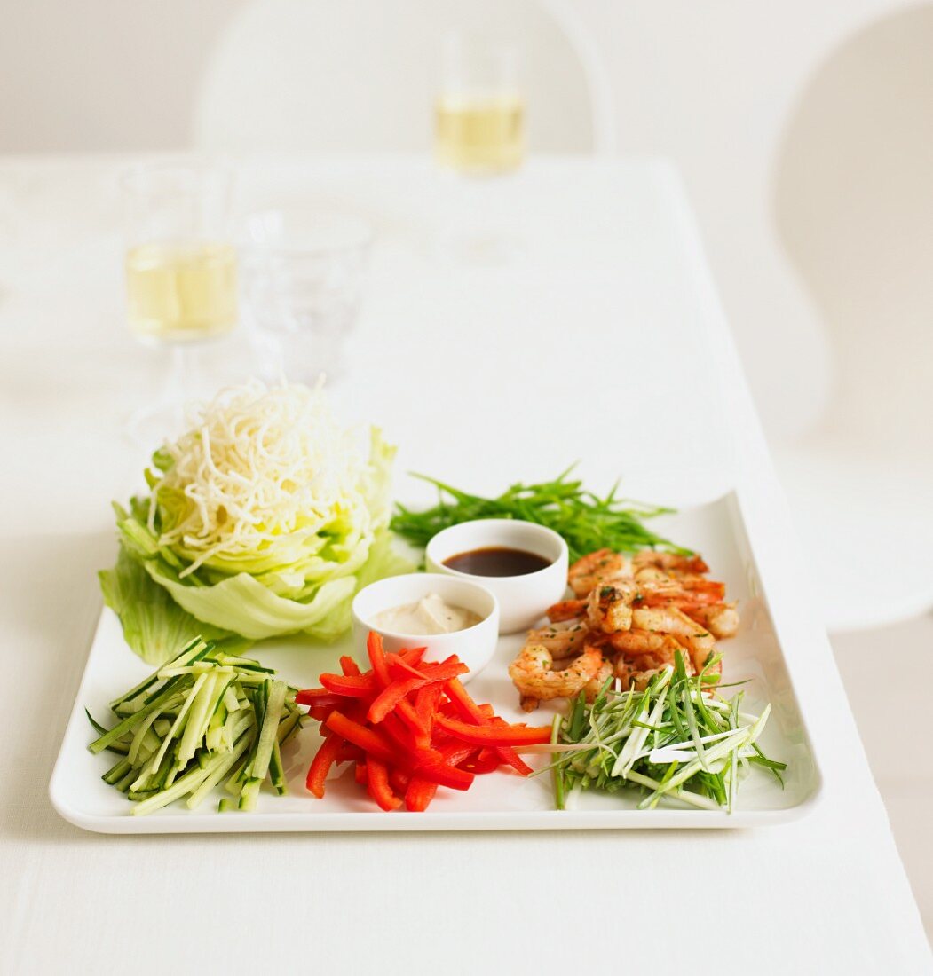 Grilled king prawns with salad ingredients