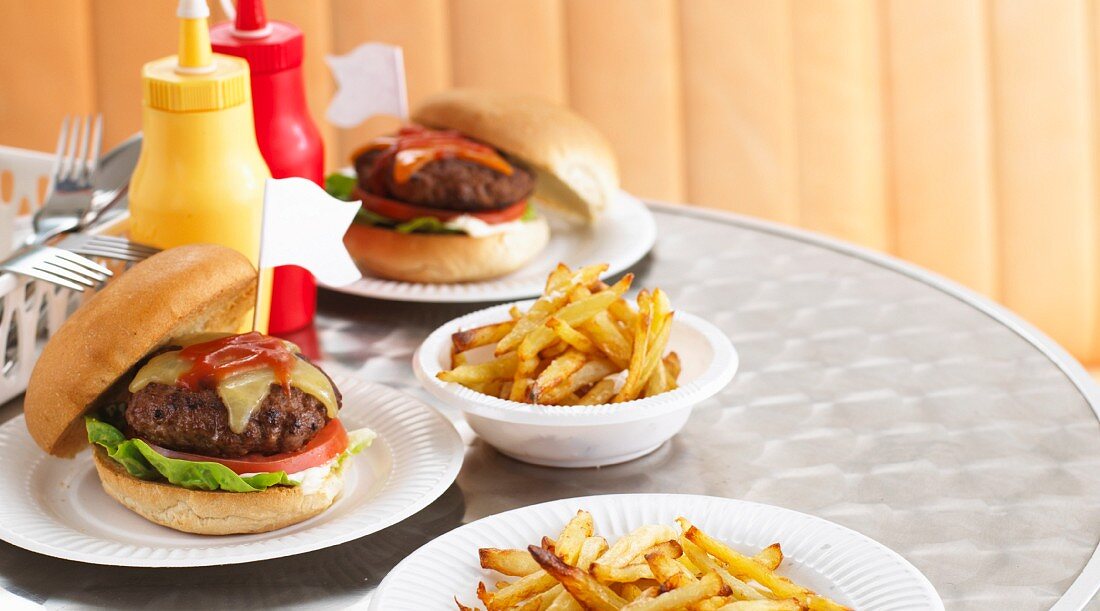 Burger and chips in a fast food cafe