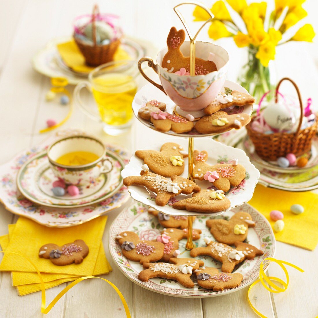 A table laid for Easter with biscuits and tea