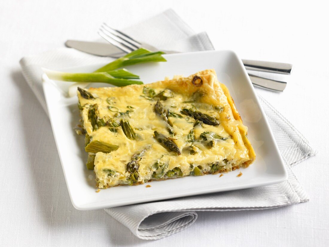 Slice of Asparagus Frittata on a White Plate