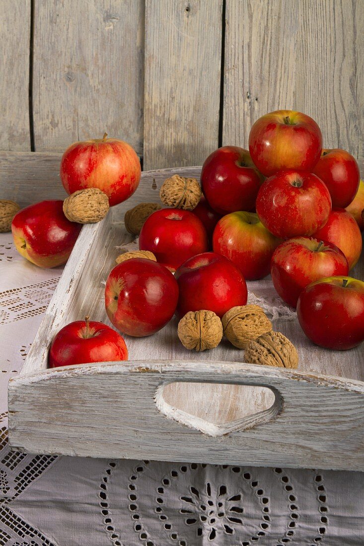 Apples and nuts on a white wooden tray
