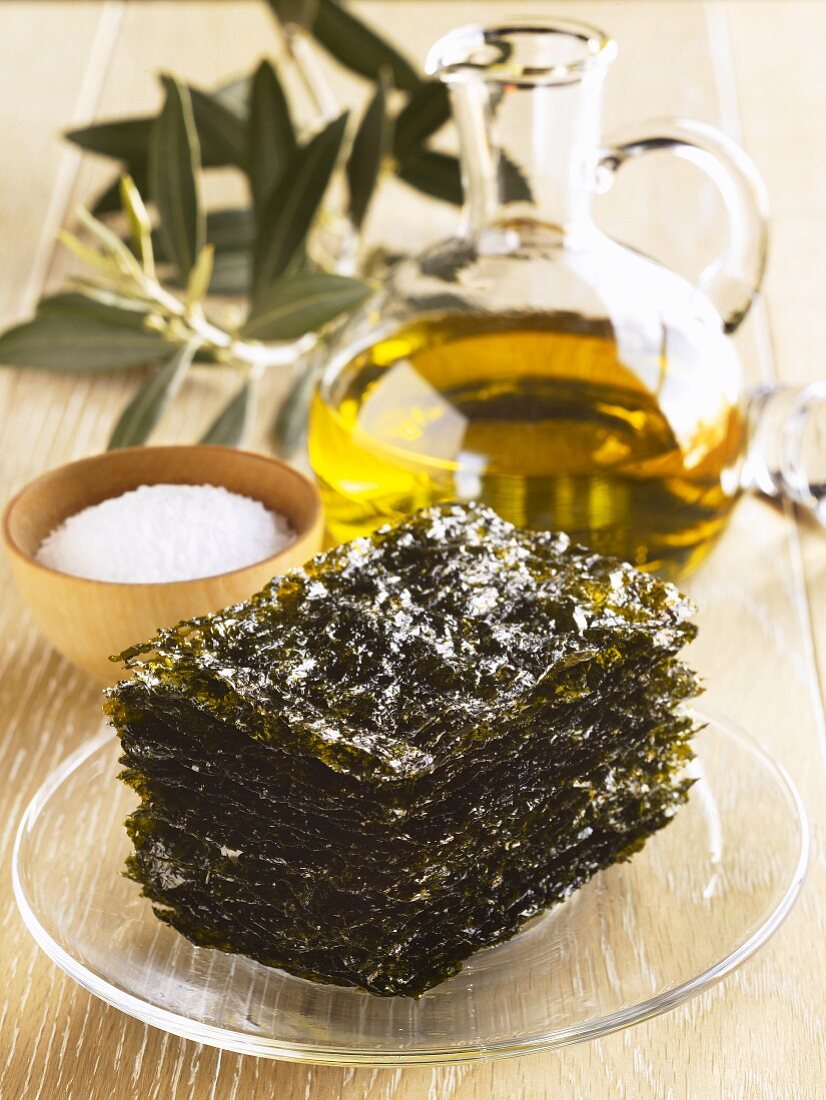 Stack of Crispy Seaweed; Salt and Olive Oil