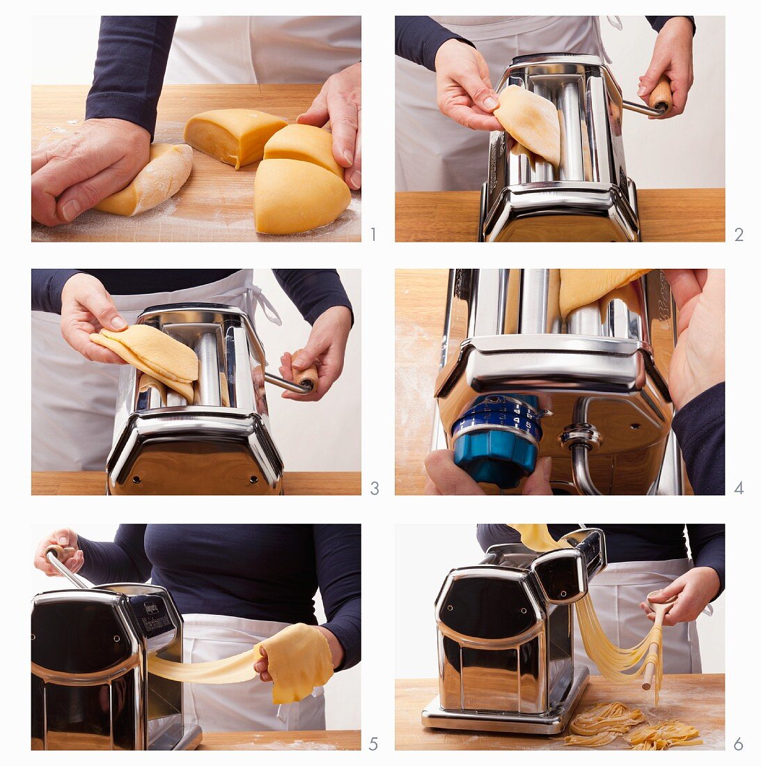 Pasta dough being rolled out and cut using a pasta machine