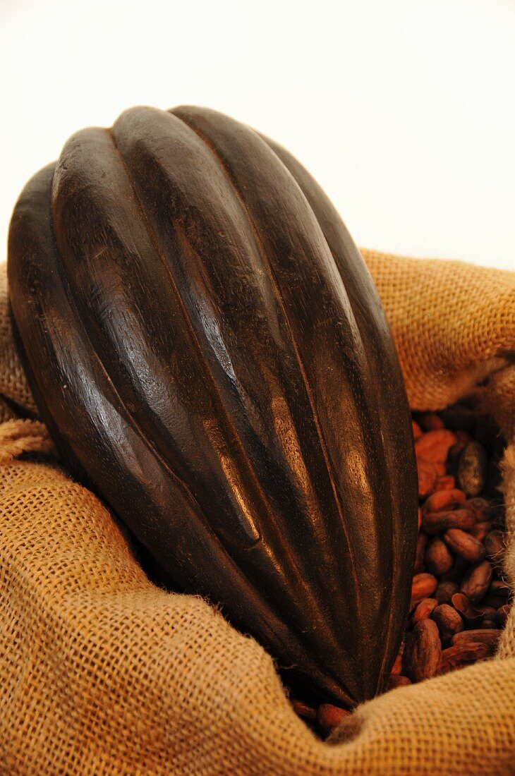 A cacao fruit and cocoa beans in a jute sack