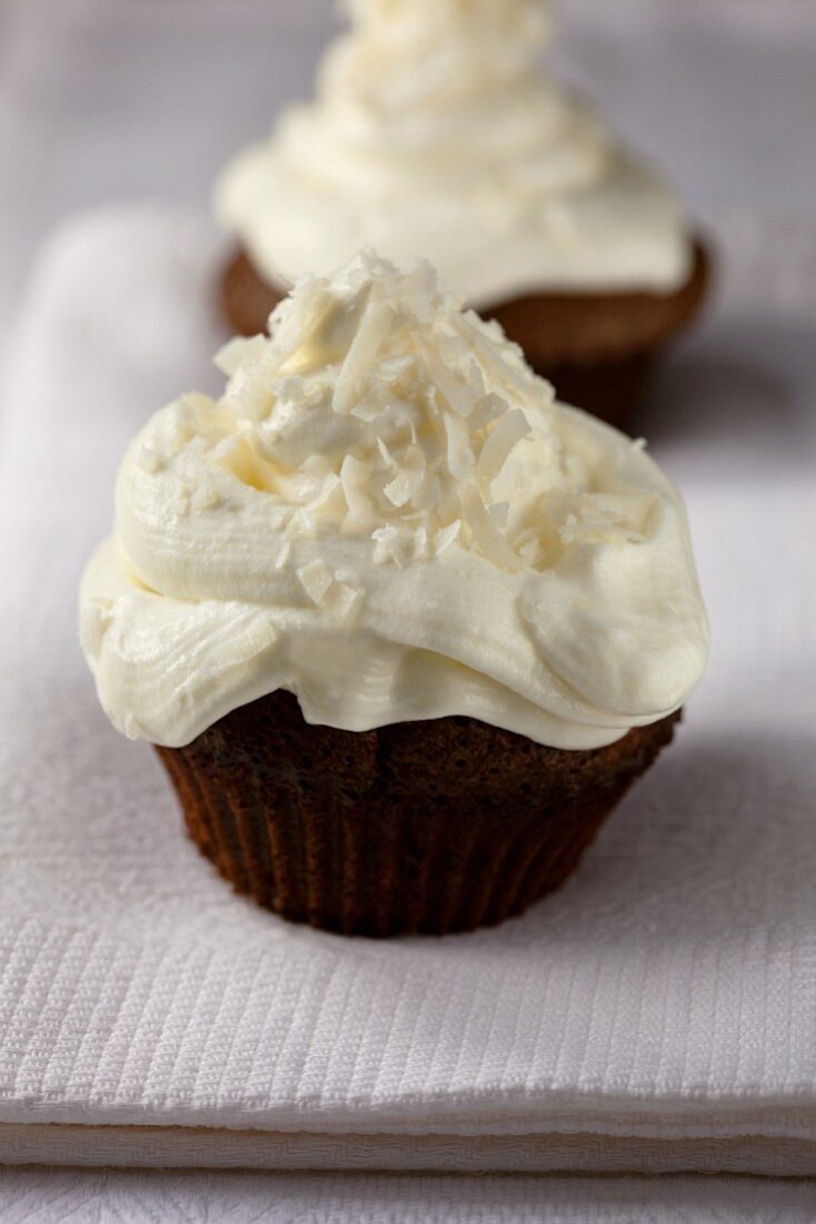Chocolate cupcakes with coconut frosting