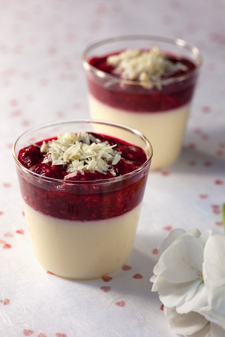 Pannacotta mit Himbeeren und weissen Schokospänen