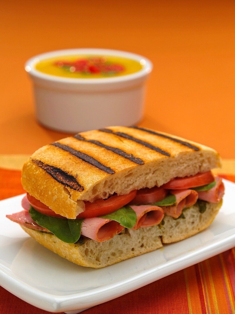 Grilled Ham Sandwich with a Cup of Soup