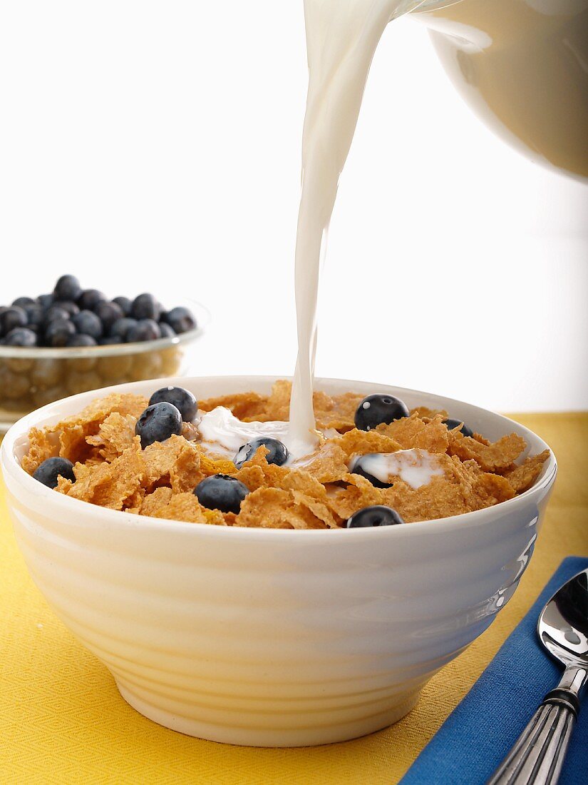 Milk Pouring into a Bowl of Wheat Flake Cereal with Blueberries