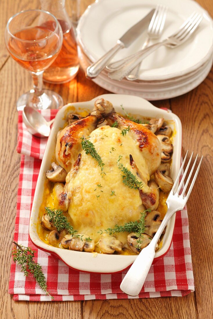 Roast chicken topped with cheese