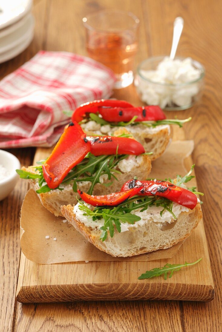 Ciabatta topped with goat's cheese and grilled peppers