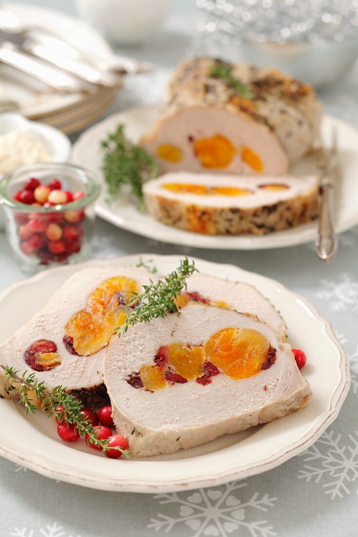 Pork roulade filled with dried apricots and cranberries
