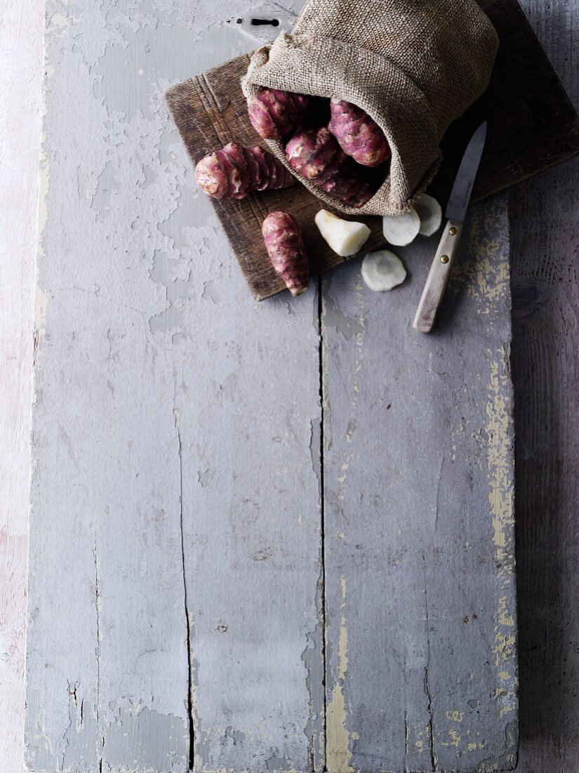 Jerusalem artichokes in a jute sack