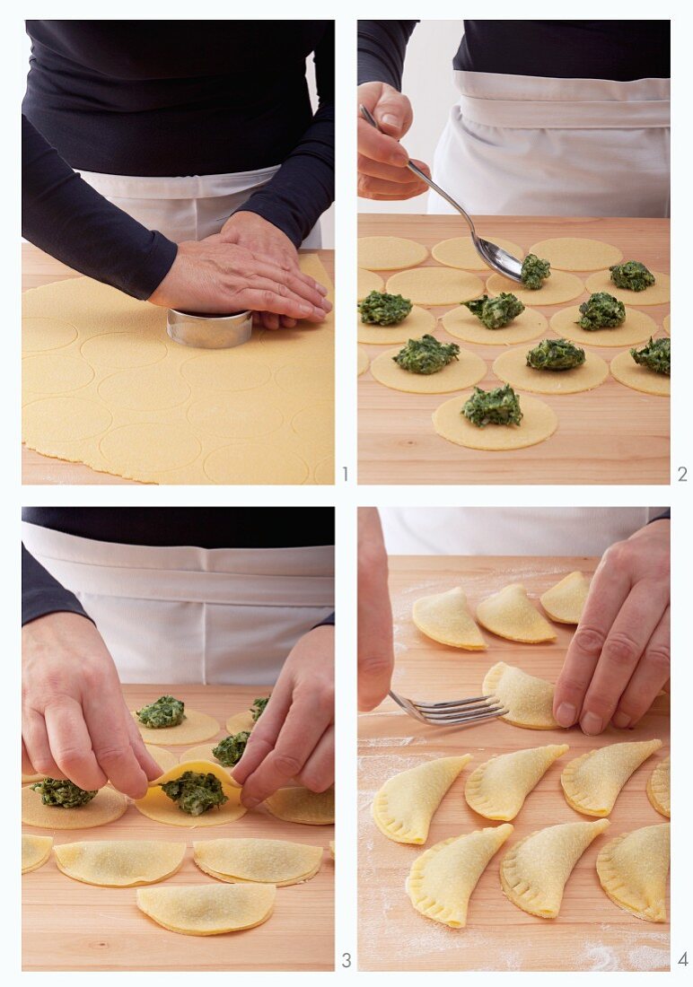 Schlutzkrapfen (South Tyrolean ravioli) with a spinach filling being made