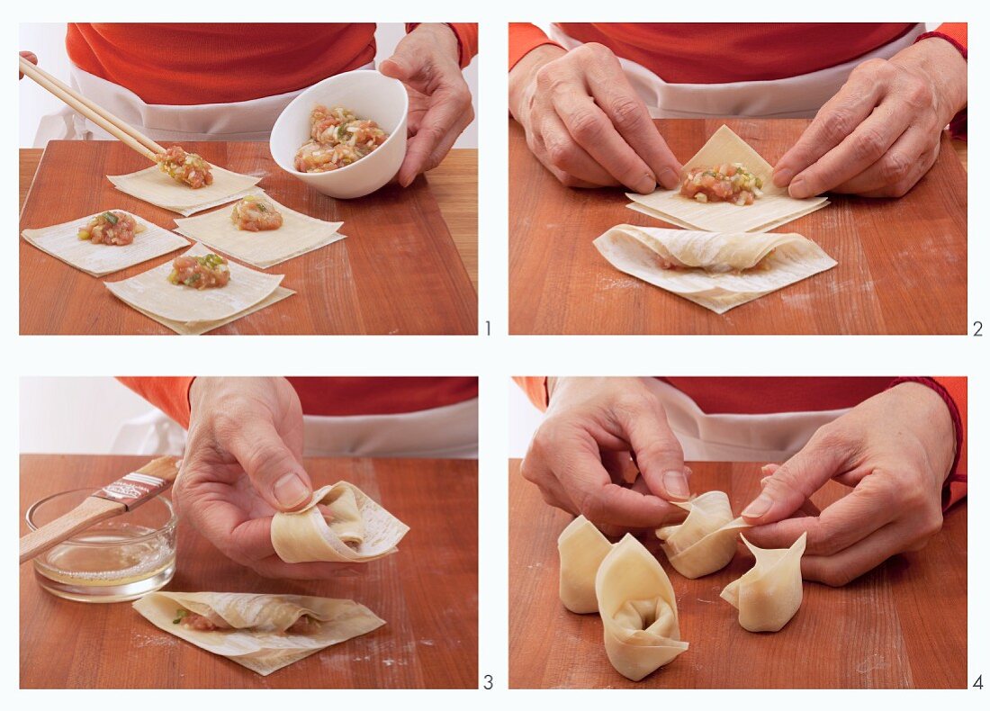 Won tons being filled and shaped