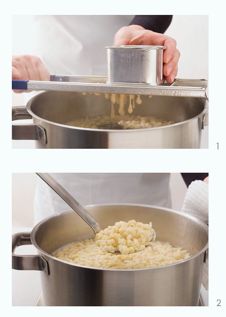Knöpfle dough (soft egg noodles from Swabia) being grated and cooked