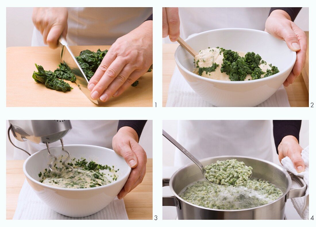 Spinach spätzle (soft egg noodles from Swabia) being made and cooked