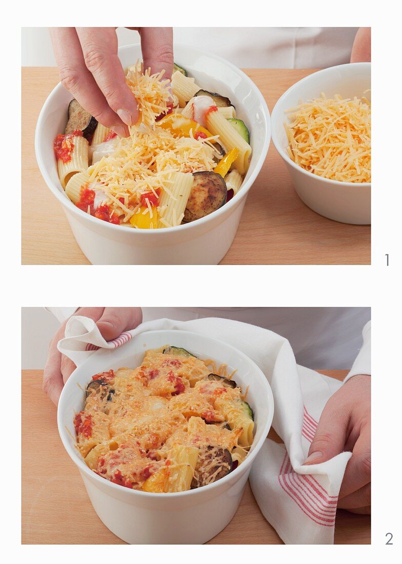 Pasta and vegetable bake topped with grated cheese