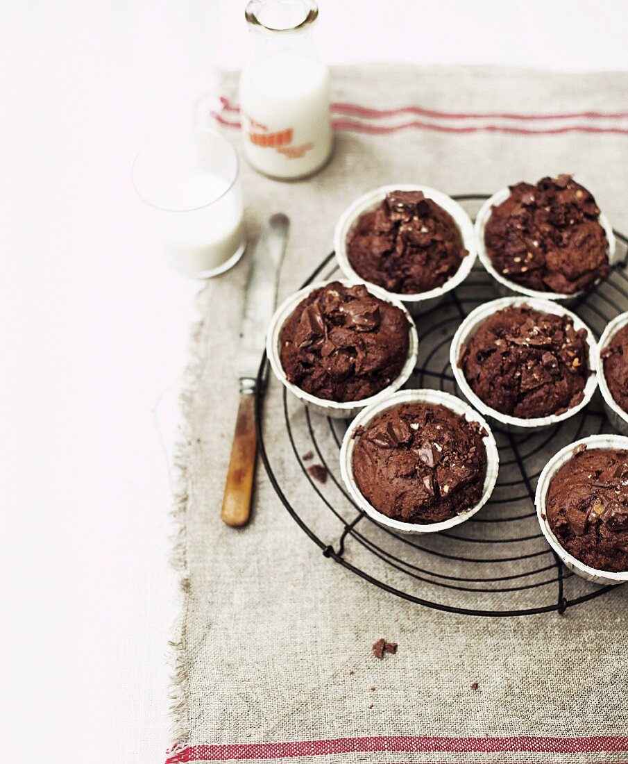 Chocolate muffins on a wire rack