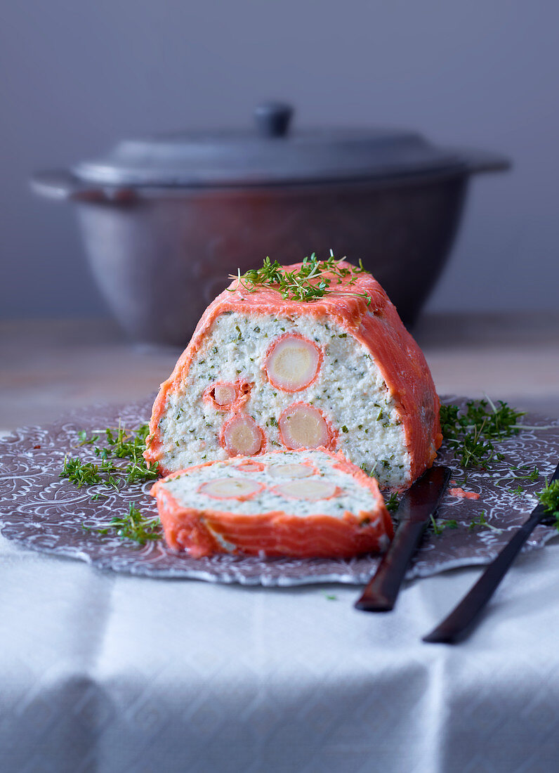 Fish and parsley terrine wrapped in smoked salmon