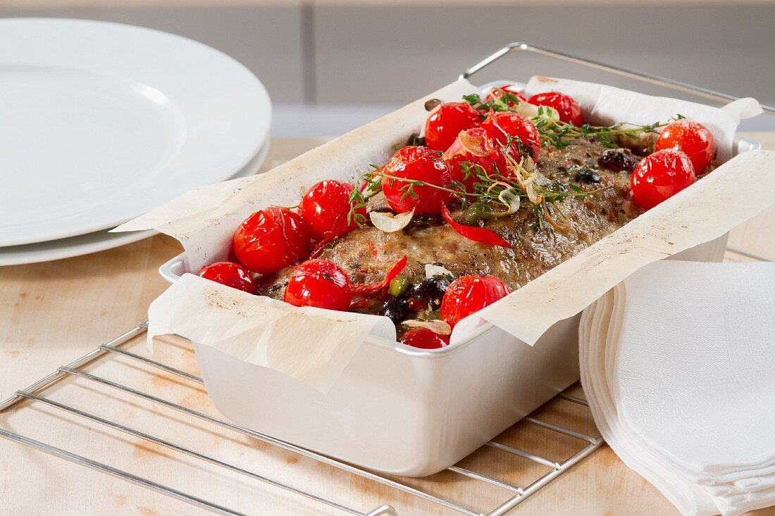 Roast Mediterranean minced meat with cherry tomatoes