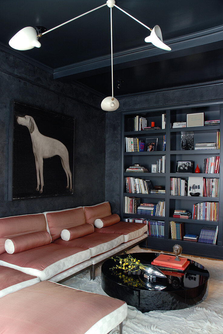Cool atmosphere in living room with portrait of gun dog and anthracite walls