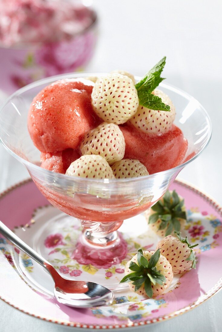 Strawberry sorbet with pineberries