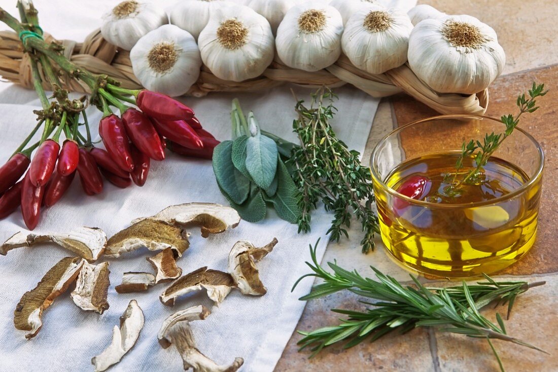Ingredients for homemade porcini mushroom oil