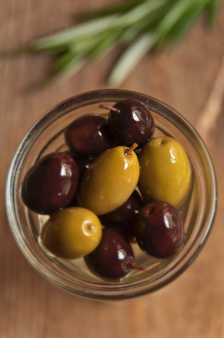 Jar of Black and Green Olives; Open; From Above