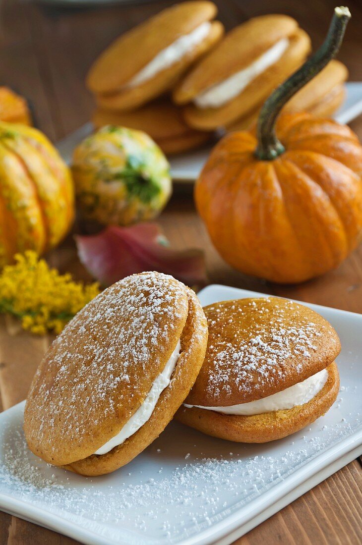 Two Pumpkin Whoopie Pies with Powdered Sugar; Gourds