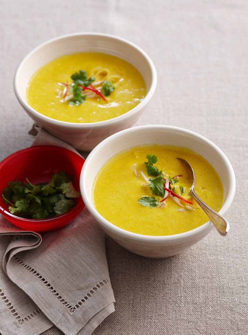 Thai-style cream of pumpkin soup (with coconut milk and rice noodles)