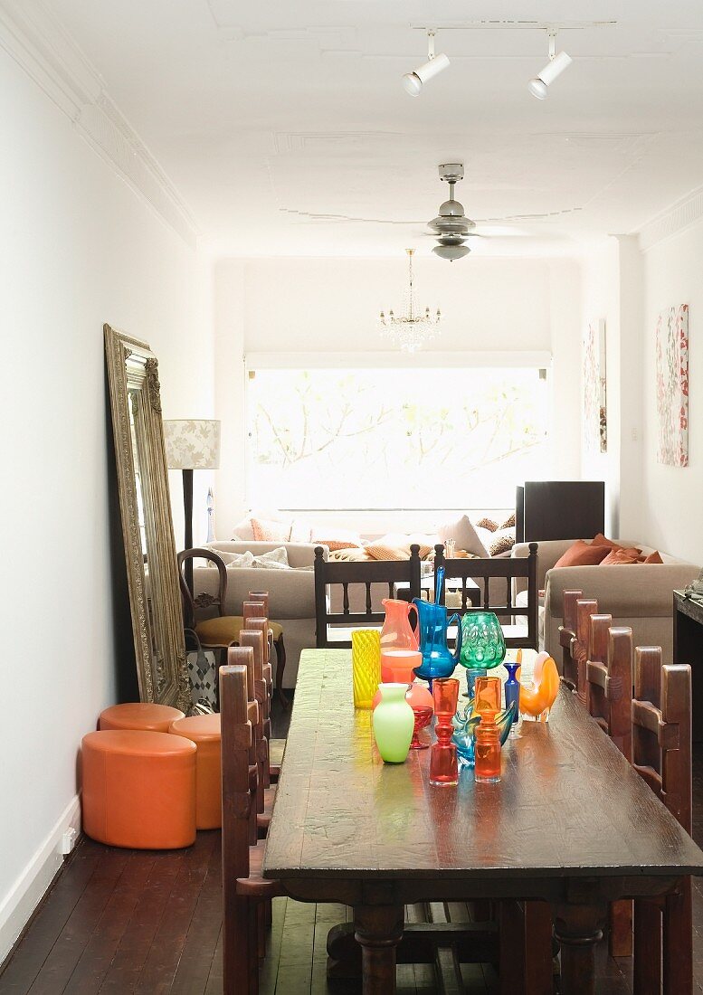 Narrow living-dining room in mixture of styles