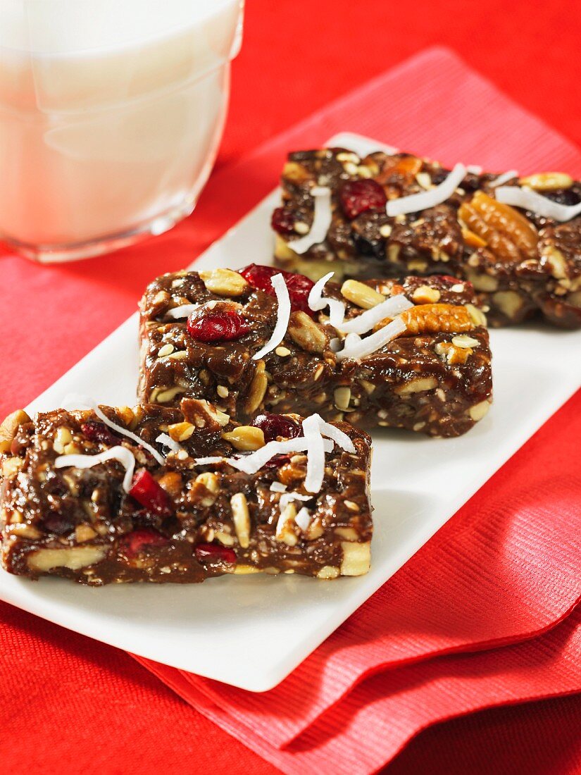 Homemade nut bars and a glass of milk