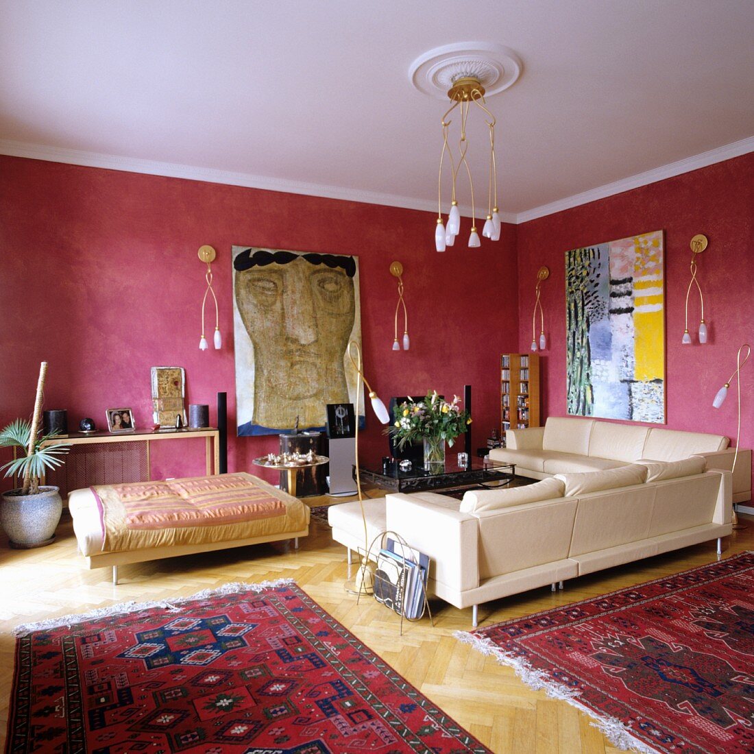 Corner sofa and couch in traditional living room with modern wall and ceiling lamps