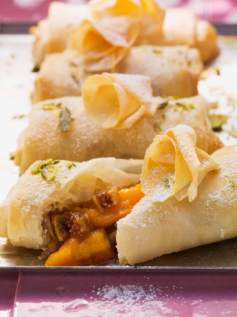Pastilla filled with dried figs, dates and fresh apricots