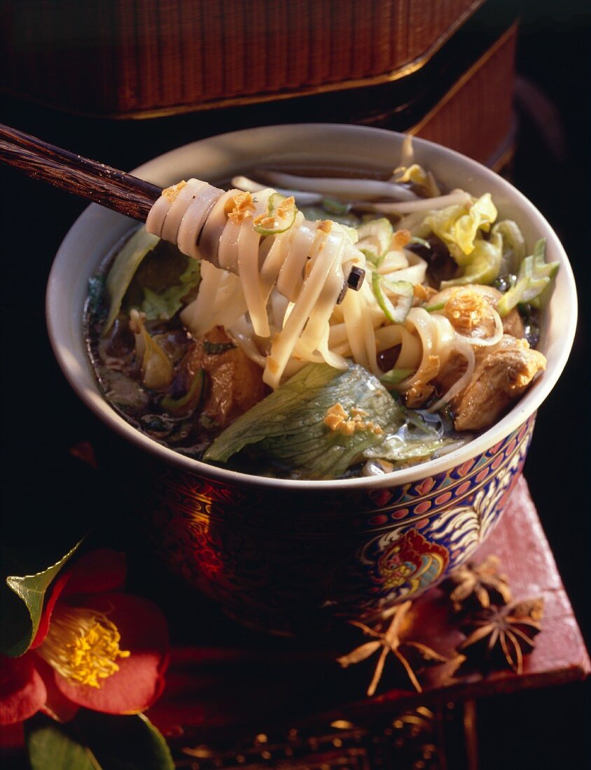Noodle and Chicken Soup with Vegetables; Chopsticks