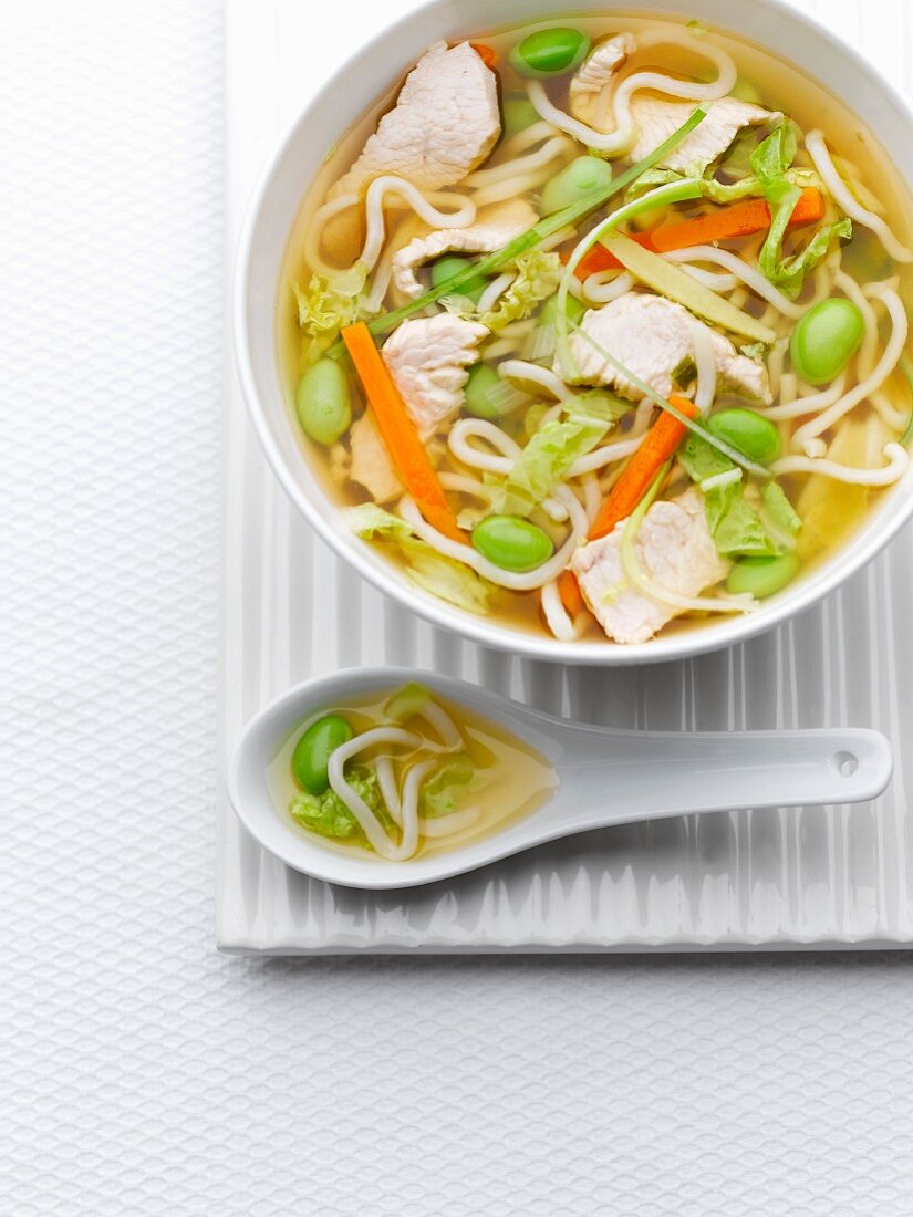 Miso soup with noodles and chicken (Asia)
