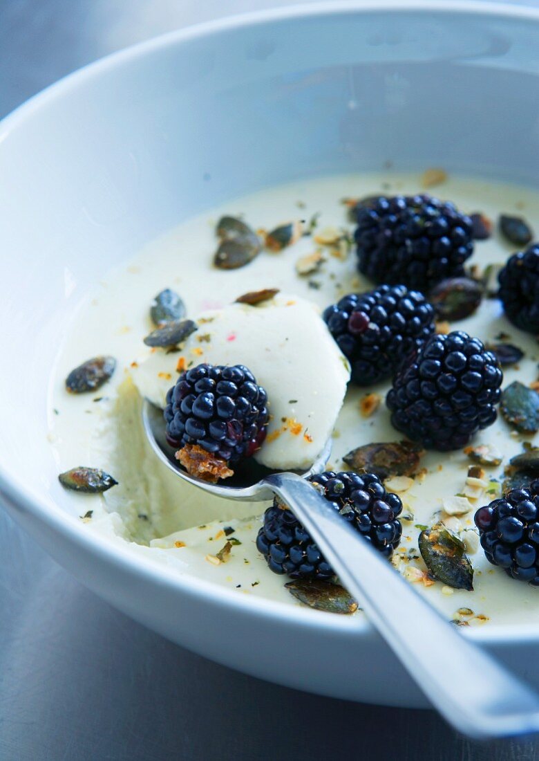 White chocolate cream with pumpkin seeds and blackberries